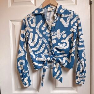 Blue and White Batik Tie-Front Shirt